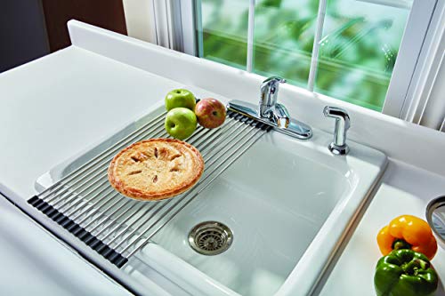 Farberware Dish Drying Rack Over the Sink, Large Stainless Steel Rolling Drying Rack for Kitchen Counter, Rust-Resistant Rods, Holds Up to 22 lbs, Dishwasher Safe