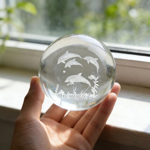 Decorative Glass Crystal Ball Ornament- for Home and Office, for Living Room and Gift Office Decor for Women(Dolphin Pattern) Clear Transparent dolphin pattern