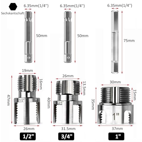 3-Piece PVC Thread Cutter Set for Internal and External Thread 1/2, 3/4 & 1 Inch NPT | Saipor Integrated Tool PVC Pipe Thread Cutter Set Drill Compatible Pipe Tap with Dual Function