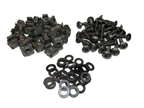 RackGold black 10-32 cage nuts and screws with washers, 25-pack, USA made
