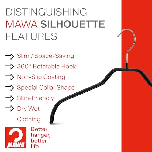 MAWA by Reston Lloyd Silhouette Series Non-Slip Coated Steel Clothes Hanger for Shirts and Dresses, Style 41/F, Set of 10, Black Pack of 10
