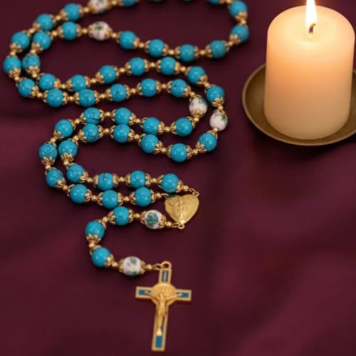 Nazareth Store Saint Benedict 10mm Glass Rosary Beads Catholic Necklace Flowers Mystery Bead Miraculous Medal Locket Cross Prayer Rosarios Catolicos Turquoise