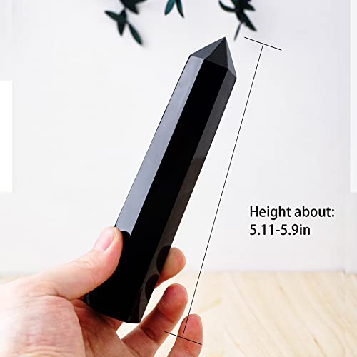 Apengshi Large Black Obsidian Crystal Tower Natural Healing Crystal Wand Single Pointed Stones Reiki Chakra Gemstone Therapy Home Decor Witchcraft Gift 5.11-5.9"