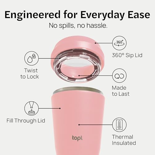 TOPL To Go Coffee Cup – Insulated Travel Coffee Mug with 360° Leak‑Safe Lid, Stainless Steel Coffee Tumbler for Hot/Cold, Spill‑Resistant, BPA‑Free - Rose, 20 oz