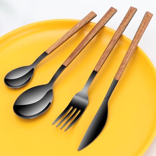 Black Dining Stainless Steel Flatware Serving Sets for 4,Dishwasher Safe Black