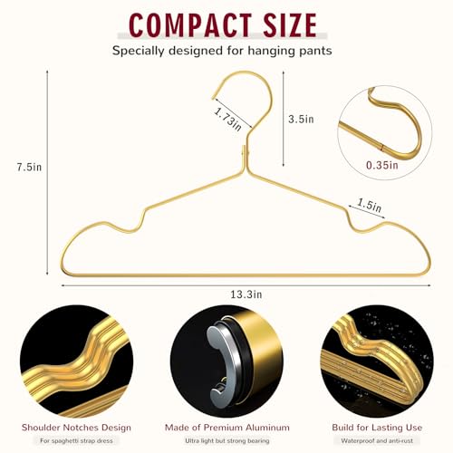 DOIOWN Gold Pants Hangers, 12 Pack Matte Aluminum Pants Hanger, 13.3” Light & Sturdy Gold Hangers Closet Organizers and Storage for Jeans, Strap Dress, Kids Clothes