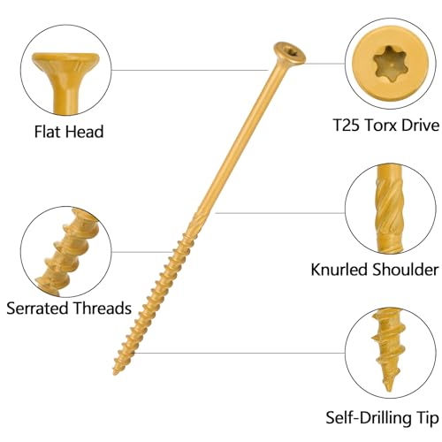 Aandxmok #10 x 5-inch tan self-tapping deck screws, 150-piece set for outdoor wood projects