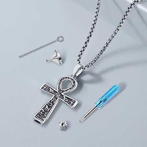 Cremation Jewelry 925 Sterling Silver Urn Necklace for Ashes for Women Men Memorial Pendant for Human Ashes Keepsake Put in Ashes of Loved Ones Cat Pet H-Ankh Cross