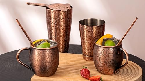 Sky Fish 3D Etched Moscow Mule Copper Plated Mugs Set of 2 Stainless Steel Mugs 18 oz Premium Gift Set with 2 Cocktail Copper Straws, Jigger