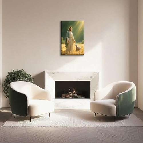 Jesus and Lamb Canvas Wall Art Christian Religious Painting Print 12x16 in Green 12"L x 16"W