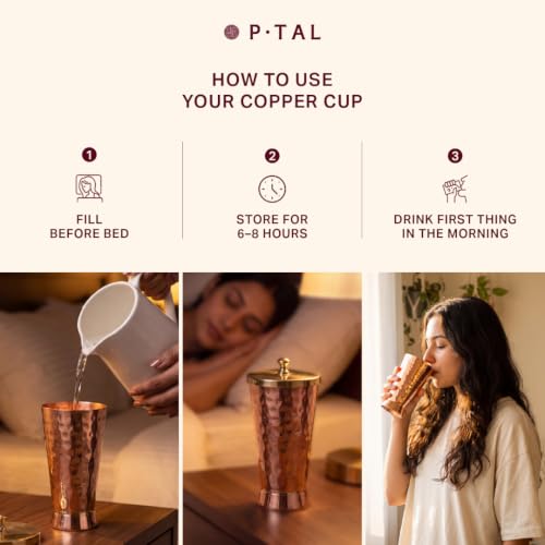 P-TAL Pure Copper Tumbler Glass - (20 Fl Oz, 600 mL) Cup with Brass Lid