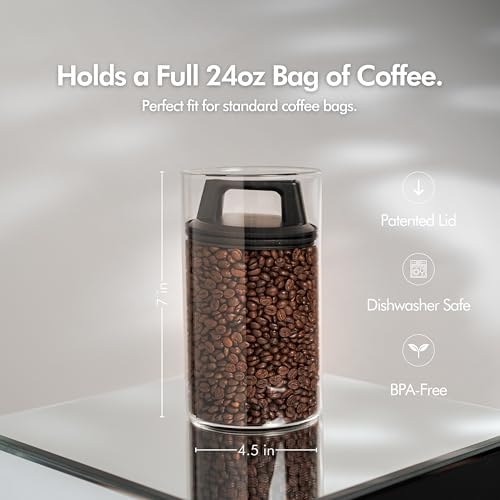 KIVY Vacuum Coffee Canister - Push Lid Preserves Coffee Aroma & Oil - Glass Medium