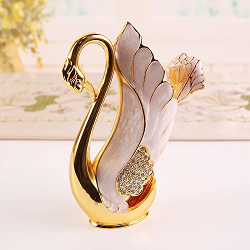 Fdit Swan Base Tableware Set, Gold Alloy Coffee Spoon Fork Holder with Rhinestones Smooth Edge Dessert Utensil Set for Bistro Bar Party (Golden White Fork)