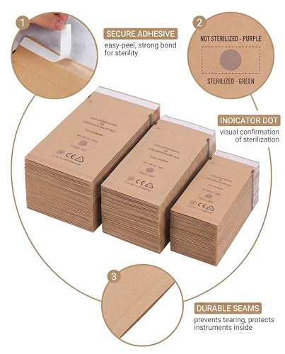 Kraft Paper Sterilisation Bags 60 Pieces | Set: 75 x 150, 100 x 200, 130 x 200 mm | Self-Sealing, Disposable | For Hot Air & Steam | Dental, Laboratory, Medical Hygiene