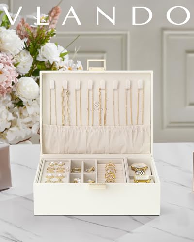 VLANDO Jewelry Box, 2-Layer Design with Tray and Watch Pillow,Cream White 01-Cream White-Watch Pillow