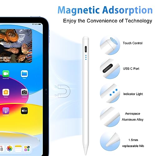 [Australia - AusPower] - Stylus Pen for iPad, 5min Fast Charge Pencil for iPad/Pro/Air/Min 2018-2024, Pen for iPad with Tilt Sensitive& Palm Rejection& Magnetic for Professional Drawing, Writing, Working (White) WHITE 