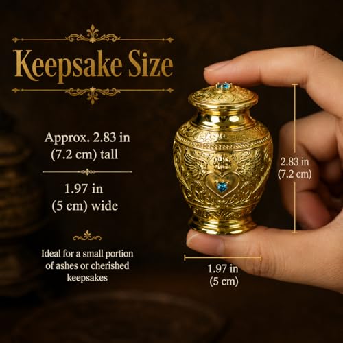Premium Solid Brass Memorial Urn – Angel & Baroque Relief Design with Sapphire Inlay, Luxury Keepsake for Ashes of Pets or Loved Ones (Aging) Aging
