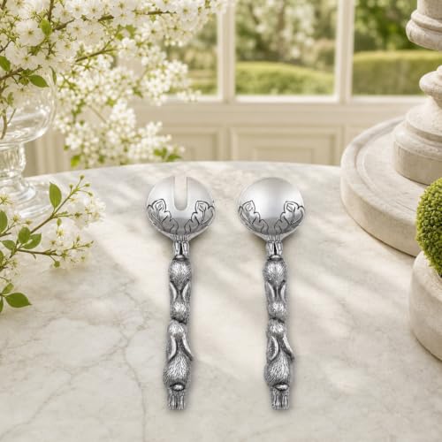 Arthur Court Bunny Salad Serving Spoon and Fork Set - Premium Aluminum Salad Servers - 11 Inch Long - Perfect for Easter Gatherings