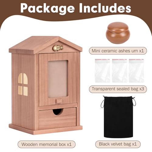 Wooden Cat Urn for Ashes, Pet Ashes Box with Movable Picture Frame Walnut Brown House S
