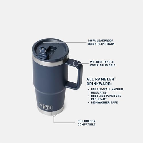 YETI Rambler 20 oz Travel Mug with Flip Straw Lid – Stainless Steel, Vacuum Insulated, Leakproof, Cup Holder Friendly, Black