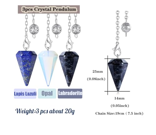 3 Pcs Crystal Pendulum Set Wiccan Accessories Divination Tools Opal,labradorite,lapis Lazuli