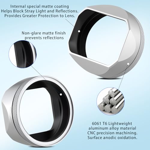 Haoge LH-X54W Square Metal Lens Hood with 49mm Adapter Ring for Fujifilm X100VI Fuji X100V Camera Silver