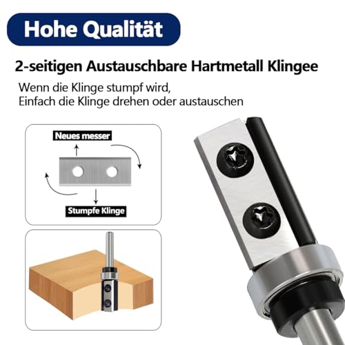 Flush Cutter 8 mm Shank, 30 mm Cutting Length, D = 16 mm, Reversible Plates Flush Cutter, Interchangeable Carbide Blade, with Ball Bearing Wood Cutter, Flush Cutter for Edge Processing S=8 mm, D=16 mm, L=30 mm Flush-Trim Cut