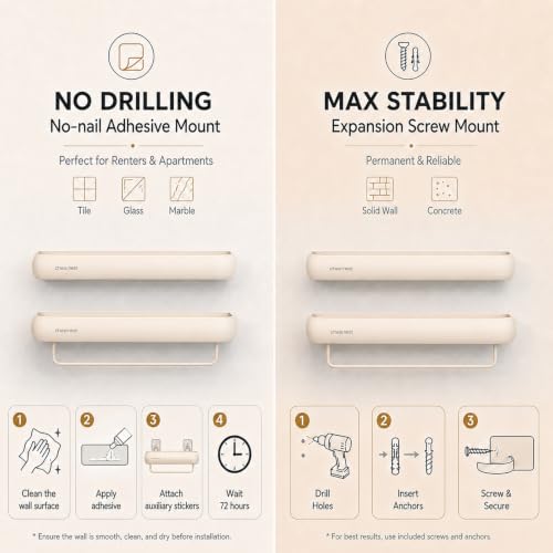 Shower Caddy Adhesive, No Drilling Aluminum Bath Organizer Shelf Milky White Rectangular