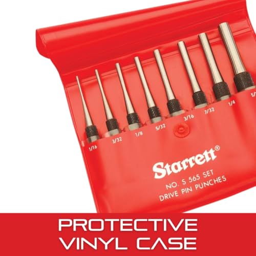 Starrett 8-piece drive pin punch set, 4-inch length, S565PC, arranged for display