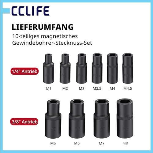 CCLIFE Tap Socket Set 10 Pieces Chrome Vanadium Steel 6.3 mm / in in (1/4 Inch) & 10 mm / in in (3/8 Inch) with Magnet for M1.5-M14 | Secure hold | 1/4 inch & 3/8 inch ratchets | slim design up to 40 mm | Cr-V steel | rust resistant surface | rail