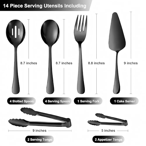 14PCS Serving Utensils - Hostess Serving Utensils Set, Premium Stainless Steel 8.7 inch Serving Utensils, Slotted Spoons, Forks, Tongs, Cake Pie Server for Buffet, Wedding, Dinner (Black) Black