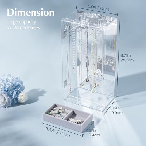 Lolalet Necklace Holder Organizer, Acrylic Jewelry Organizer with 24 Hooks, Rotating Clear Necklaces Display Box with Built-in Mirror, Dust-proof Jewelry Storage Case with Velvet Tray -Clearmirror 1 -Clearmirror