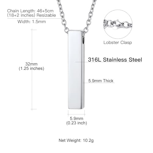 Suplight Personalized Cremation Jewelry Stainless Steel Moon Cat/Crucifix Cross/Tree of Life/Cylinder/Rectangle Keepsake Urn Pendants for Ashes, Custom Engraving Memorial Necklaces for Women Men d. rectangle-stainless steel not-personalized