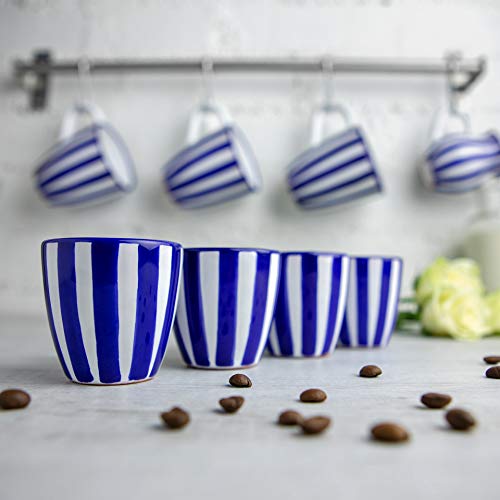 City to Cottage Ceramic Espresso Cups of 4, Small Expresso Shots, Demitasse, Perfect for Espresso Machine, Handcrafted Cups (Navy Blue Stripe Coastal)
