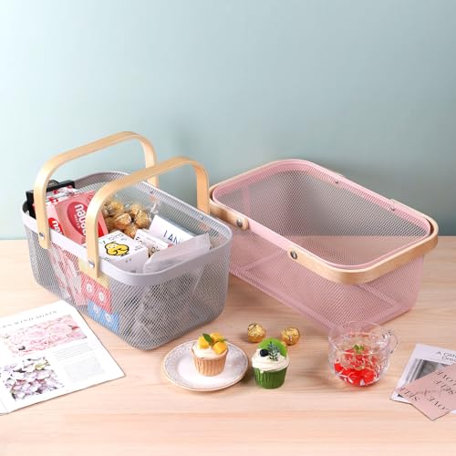 IBWell Square Metal Wire Woven Fruit Storage Bowl Basket with Wooden Handle, Large Black Mesh Fruit Stand, Multi-function Hanging Kitchen Baskets (White, Extended 4PCS) White Extende 4PCS