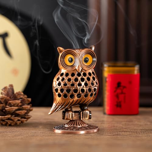 Owl Incense Burner, Metal Backflow & Cone Holder, Brass，4.7 inch