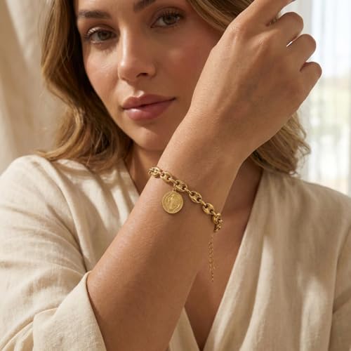 MAJALE Amulet Bracelet with St Benedict Medal in Gold Stainless Steel – Spiritual Protection – Water Resistant Chain Balls or Pumpkins – Religious Medal Calabrote_ S. Benito