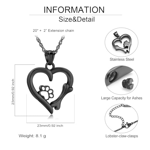 Paw Print Urn Necklace Heart Locket Necklace for Ashes Dog Cat Charms Pendant Cremation Jewelry Cat Dog Keepsake Memorial Gifts for Women Girls (Black) Black