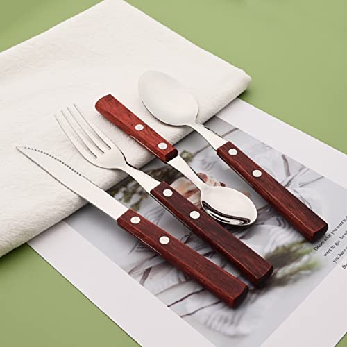 Wooden Handle Flatware Set, Knives Forks Spoons Set for 6, 24-Piece 304 Stainless Steel Kitchen Utensils Set, Silverware Set with Wood handles, Red Wood with Rivet & Retro Style Cutlery 24-Piece Service for 6