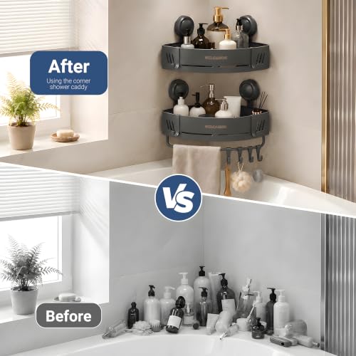 2-Pack Shower Caddy Corner Suction Cup Towel With Bar &Hooks-Gray Gray