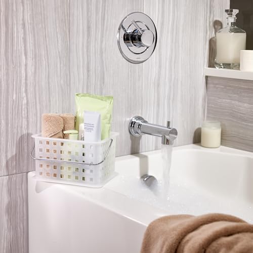iDesign small clear frosted shower caddy with multiple compartments for organizing toiletries