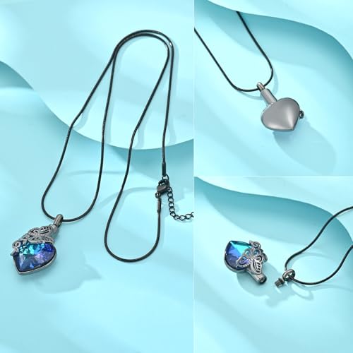 Butterfly Urn Necklaces for Ashes Heart Cremation Jewelry for Women Black-Blue