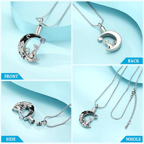Hearbeingt Moon Cat Urn Necklaces for Ashes Pet Cremation Jewelry Silver