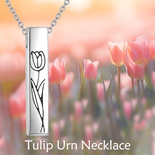 URONE Urn Necklaces For Ashes Sterling Silver Tulip 3D Vertical Bar Memorial Pendant For Loved Ones Keepsake Cremation Jewellery Gifts For Women Men