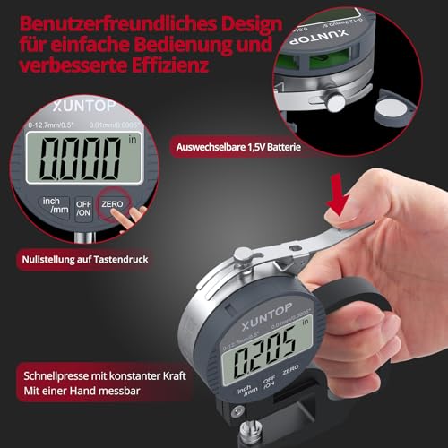 XUNTOP Digital Thickness Gauge Measuring Range 0-12.7 mm Electronic Micrometer Inch/Metric Electronic Percentage Thickness Gauge with Precise LCD Display