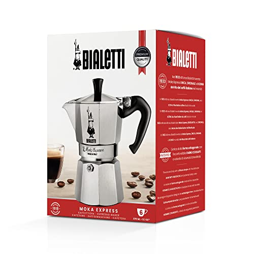 Bialetti Moka Express 6-cup stovetop espresso maker in natural silver, classic Italian moka pot for rich coffee brewing