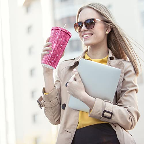 Mimorou Studded Bling Diamond Tumbler Glitter Water Bottle with Lid Stainless Steel Vacuum Thermal Straw Rhinestone Tumbler with 1 Pcs Cup Brush 6 Pcs Straw Brushes for Women(16.9 oz,Pink) Pink 16.9 Ounces