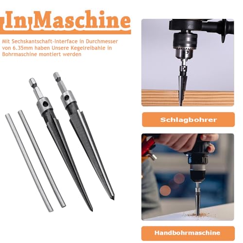 Treki Pack of 2 Handy Tapered Reamer with T-Handles Steel Taper Reamer for Drilling Hole 3-13 mm and 5-16 mm, Cone Hand Reamer with Hex Shank for Guitar Woodworker Drilling Tool