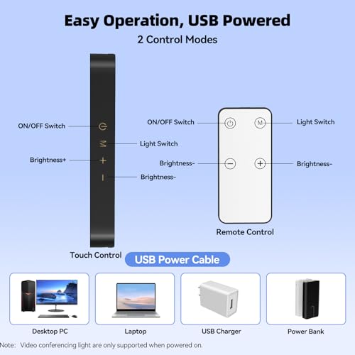 Takerers Video Conference Lighting, Webcam Light with Remote & Touch Control, 3 Color Temperature, 10 Level Brightness, Zoom Light for Computer, Video Calls, Live Streaming, Podcast, Studio (1-Pack) 1-Pack