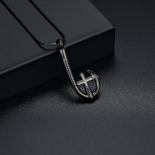 Cross Urn Necklace for Ashes Fish Hook Cremation Urn Pendant Fishing in Heaven Memorial Keepsake Jewelry for Men Black